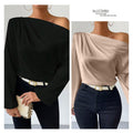 Asymmetrical long sleeve blouse - women's off-the-shoulder pullover top -  cross-border fashion - solid color satin long sleeve shirt
