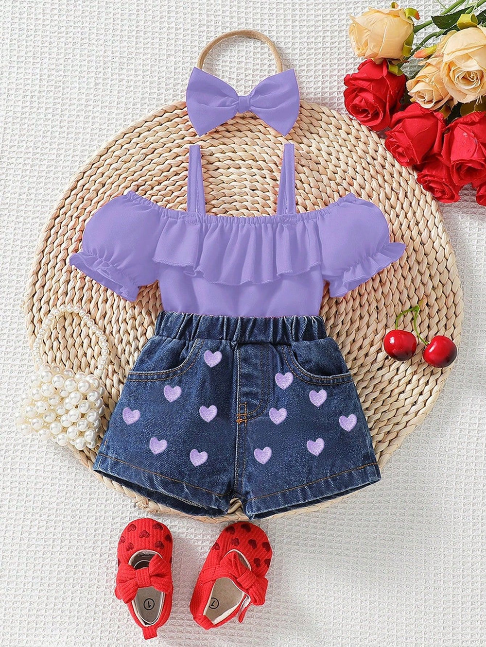 hot selling baby girl one shoulder lotus leaf suspender tops+love embroidered denim short suit with headscarf