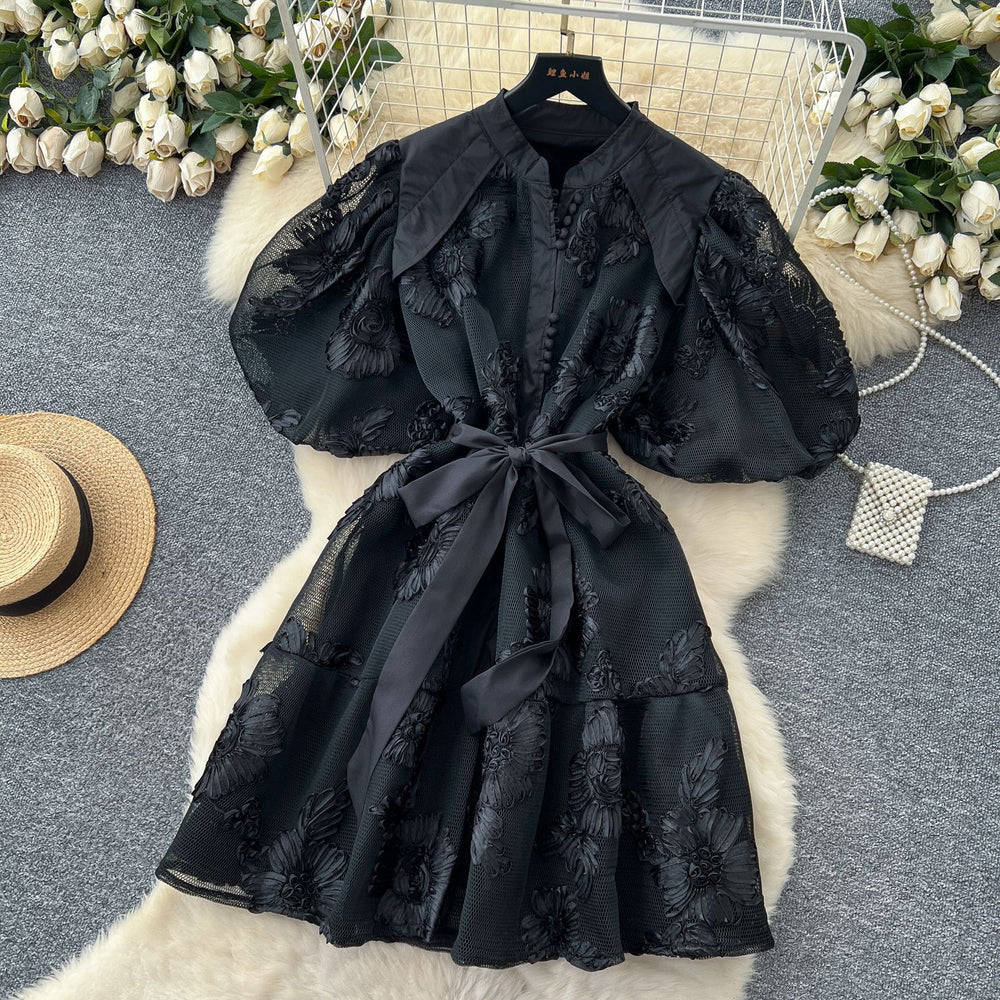 French retro court style heavy embroidery lantern sleeve cinched waist dress - women's summer high-end slimming a-line dress