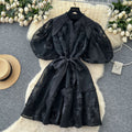 French retro court style heavy embroidery lantern sleeve cinched waist dress - women's summer high-end slimming a-line dress