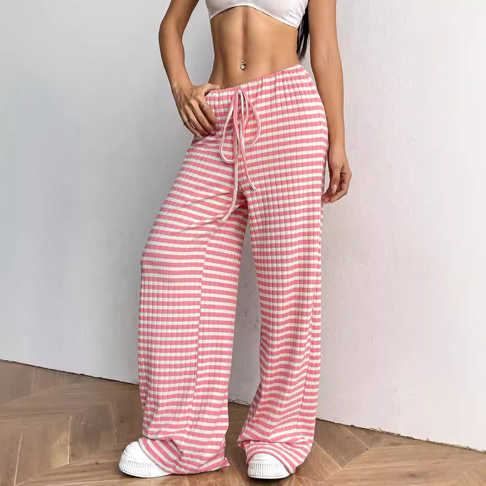 fall/winter  us & european cross-border women's new casual striped solid color elastic drawstring cotton straight-leg pants