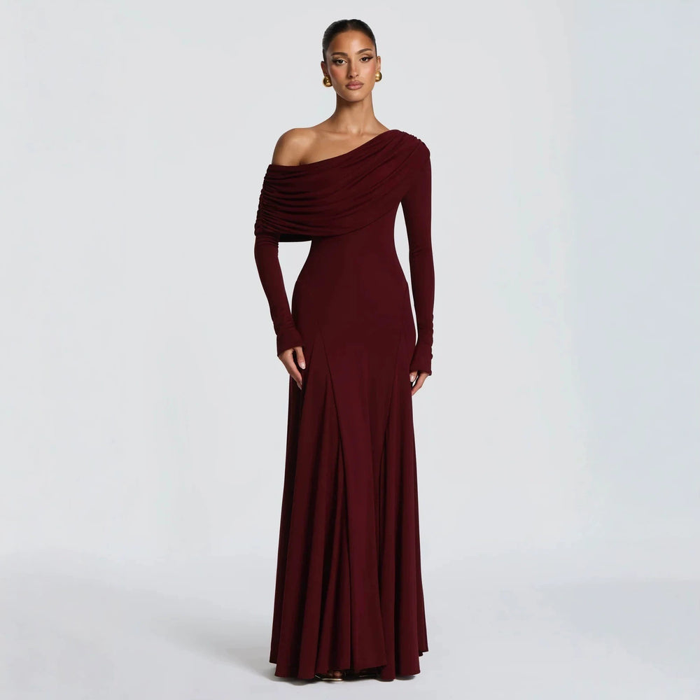 cross-border european and american style one-shoulder long sleeve ruffle neck pleated formal dress solid color slimming waist dress wholesale
