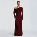 cross-border european and american style one-shoulder long sleeve ruffle neck pleated formal dress solid color slimming waist dress wholesale