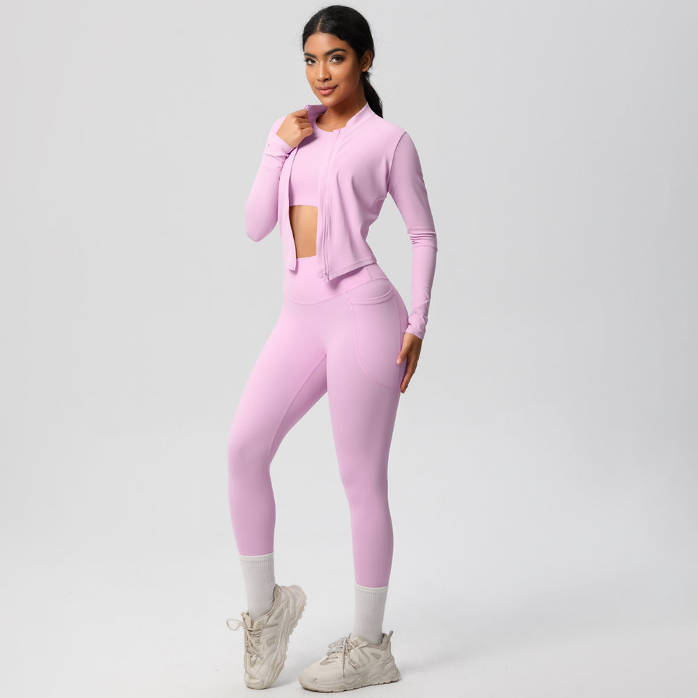 High-waisted, form-fitting, pocketed yoga set with a cropped, long-sleeved, cloud-feel, quick-drying running and fitness activewear three-piece set