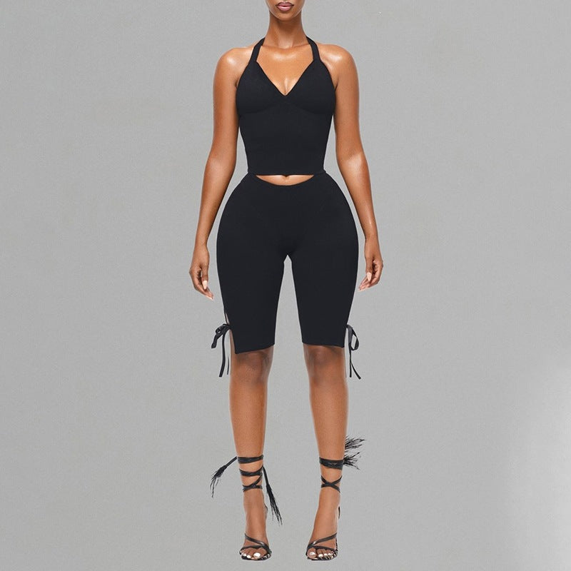 J25st089 european and american style cross-border women's spring and summer halter neck tie tube top backless bow pants solid color suit