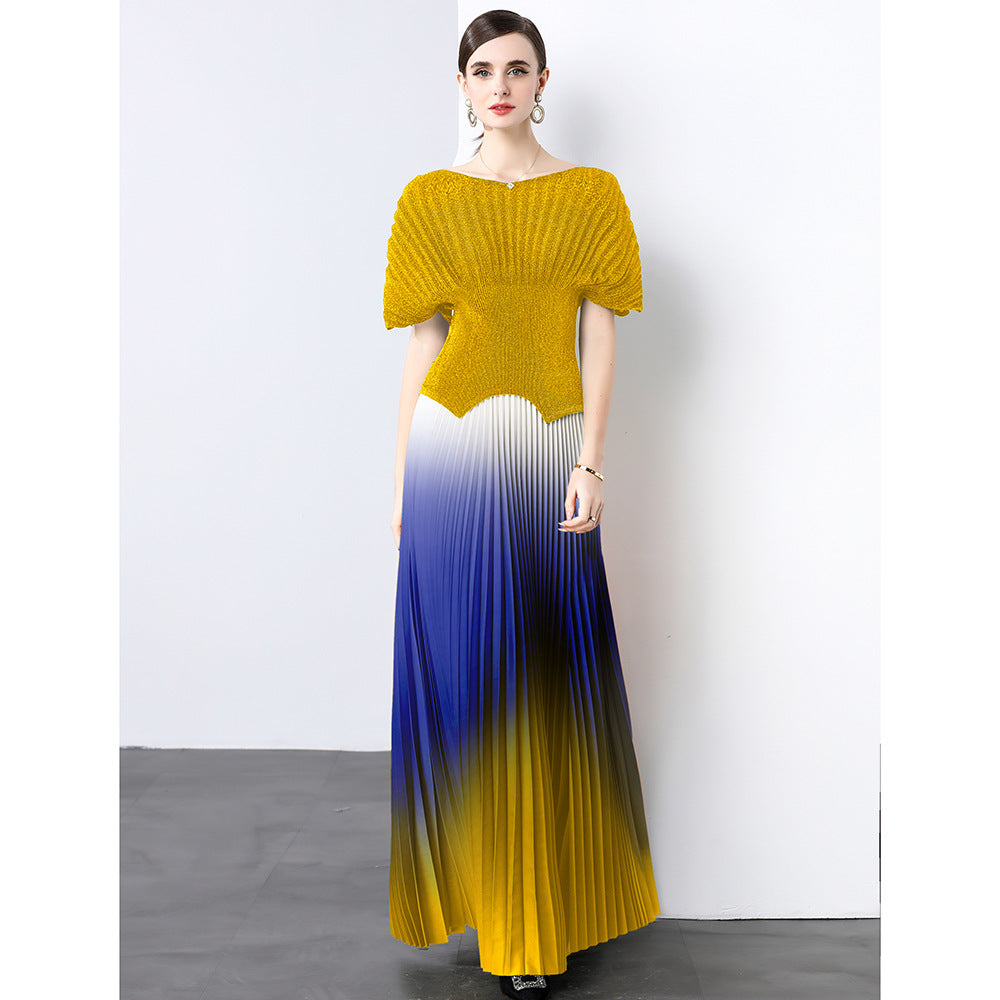 Miya pleated suit women's summer sense of design silm sparkly short sleeve topshigh waist gradient color pleated skirt