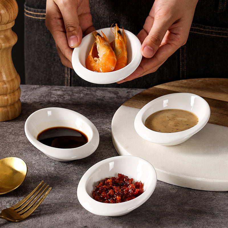 European minimalist pure white ceramic small sauce dish, suitable for home, restaurant, hotel, and business use. ideal for dipping sauces, condiments, and seasonings