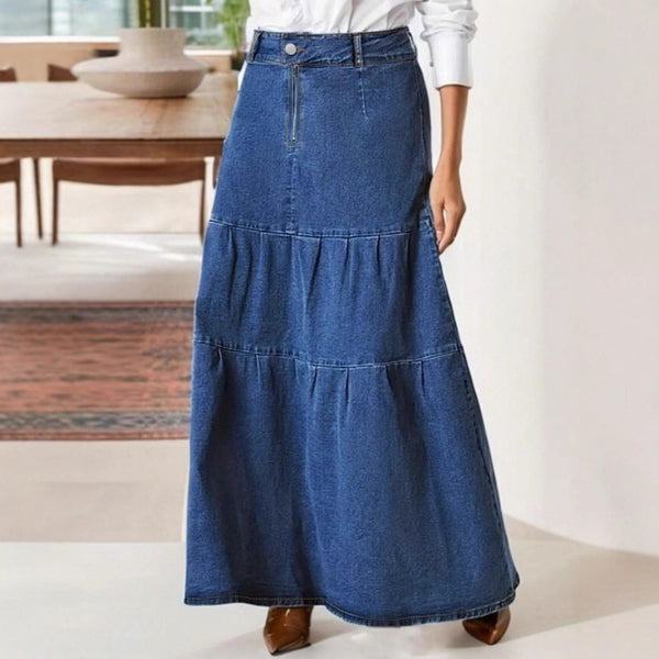 TC90325 #European and American   women's wrinkled ruffle edge cake skirt medium blue denim skirt