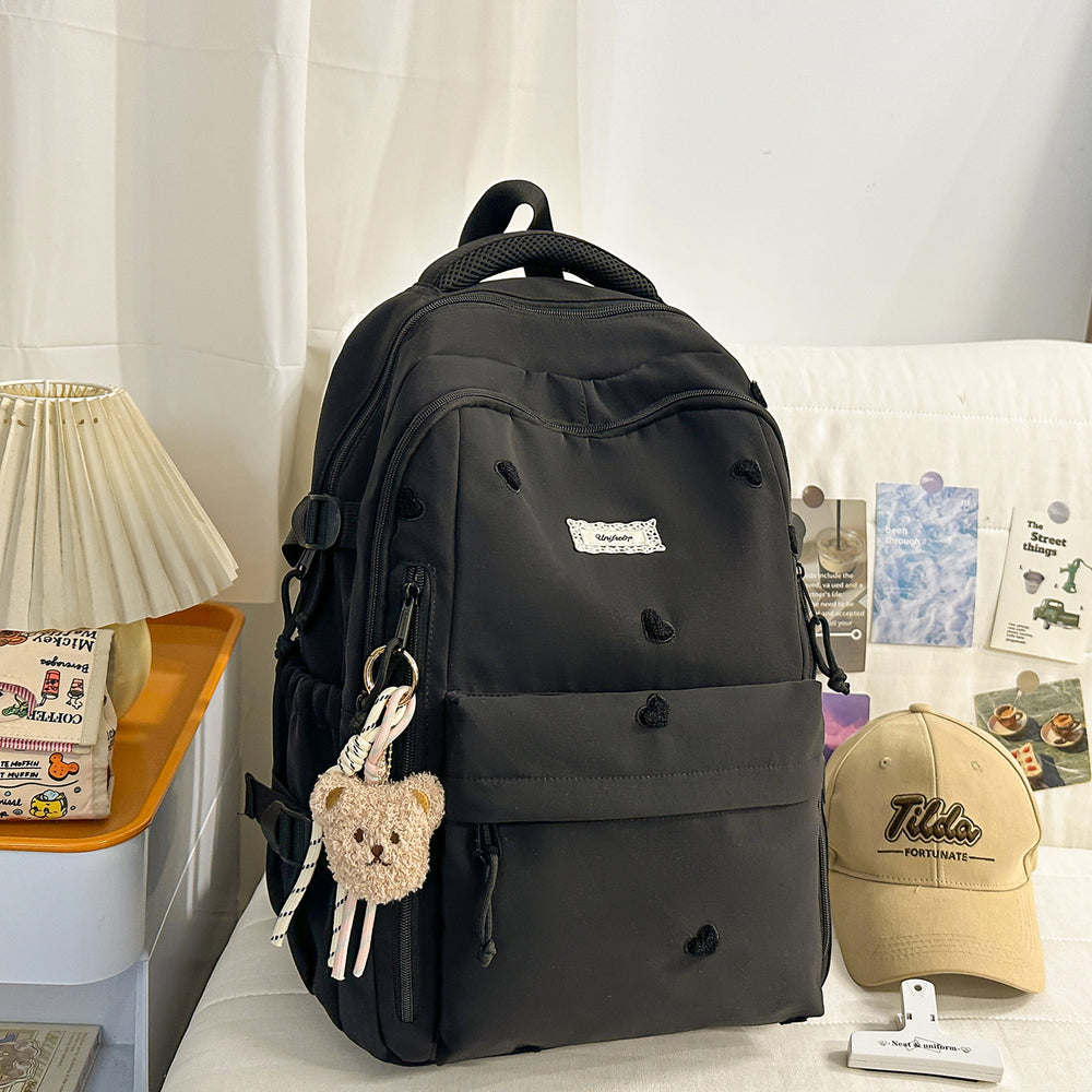 Heart embroiderypure color backpackcute style junior high school and college student backpack macaron color large capacity school bag