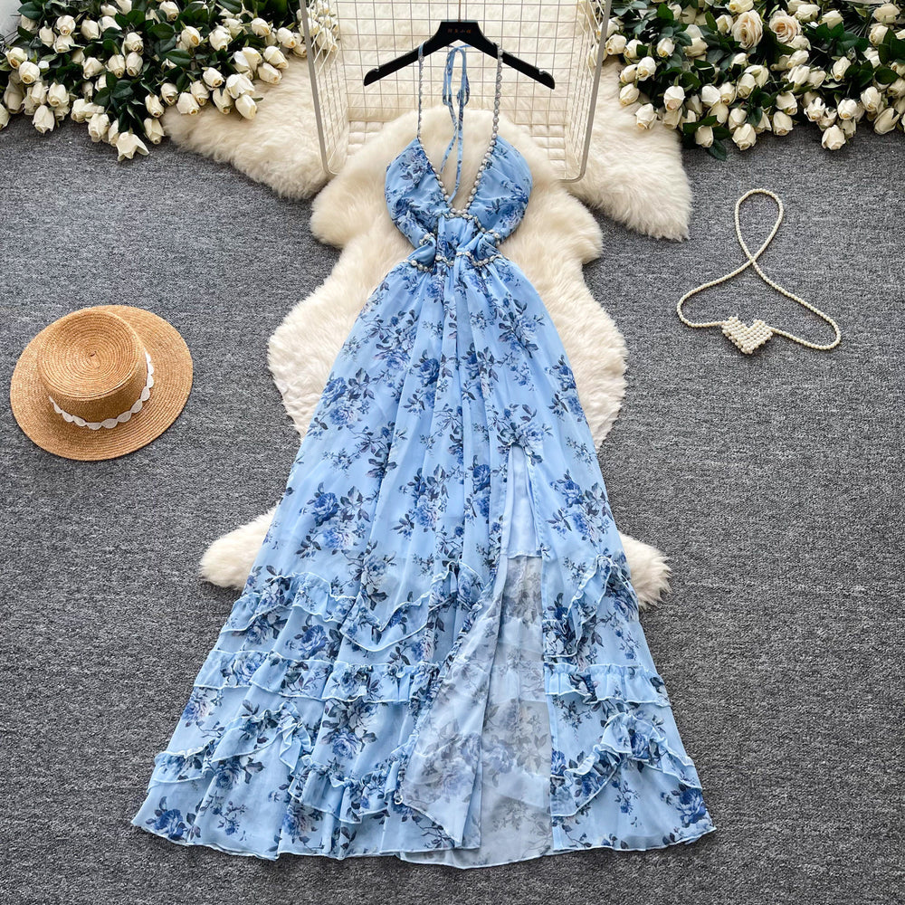 French holiday style v neckhalter floral dress women's summer beaded asymmetrical waist slimming lookruffles long skirt