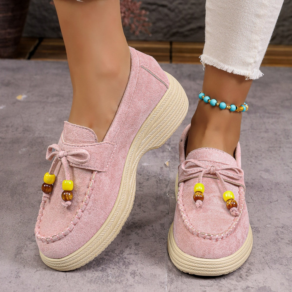 Fashionexport suede platform bottomcasuallow ankle beaded flats women's spring new arrival lightweight pure color cloth loafers