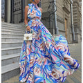 spring/summer european and american new women's french style maxi dress - chiffon camisole, blue high-waisted, elegant printed dress