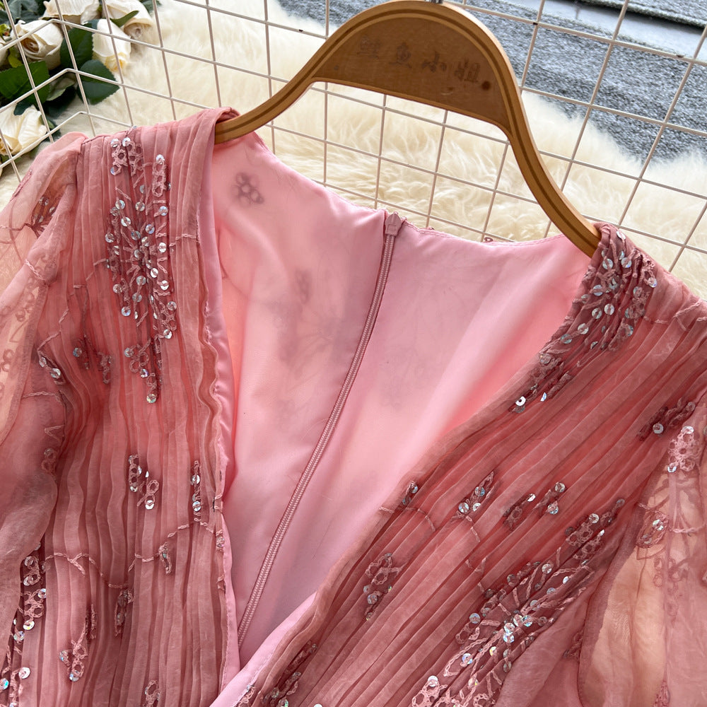 French chic sequin embroidered v-neck lantern sleeve bodycon dress - women's slimming maxi dress for autumn