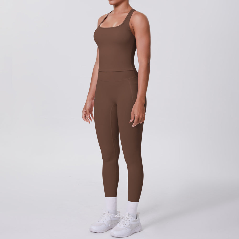 fashion brushed pure color tight racerbackflap pocket pants sports suit running fitness yoga clothes two-piece set