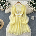 Frenchsexy deep v neck wave edge patchwork waist lantern sleeve dress women's autumslimming looka line vacation skirt