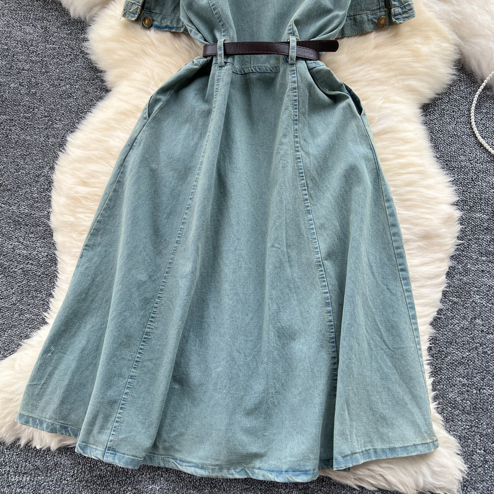 Short-sleeved dress women's summer wear new arrivalk-style polo collar single-breasted waist a-line mid-length denim skirt