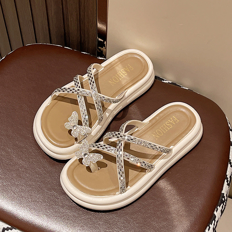 High-end sandals for women, perfect for wearing outdoors. new summer styles, trendy and popular, featuring rhinestone butterfly embellishments, thong design, and chunky platform soles