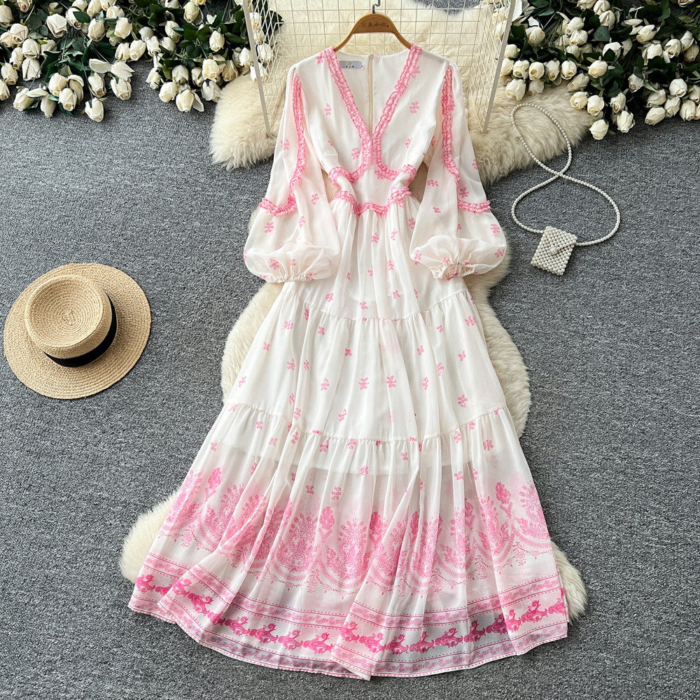 French chic floral slim-fit dress - women's long sleeve v-neck high waist a-line romantique pink plus size maxi dress