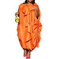 African plus size new loose ruffle batwing sleeve dress - pleated waist, flowy solid color maxi dress