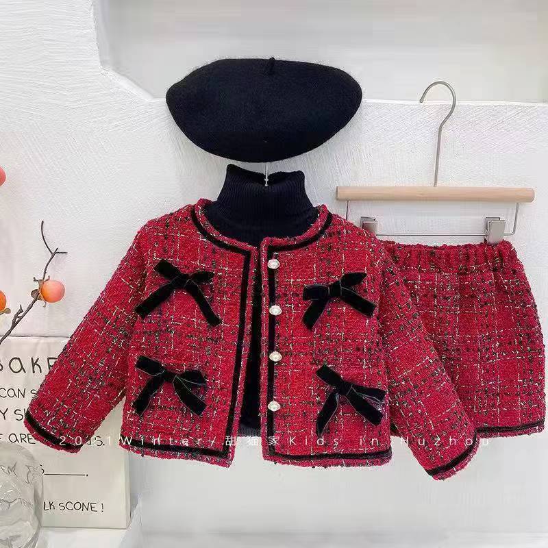 Girl red tweed style skirt suit skirt style woolenoutwearfall and winterfashionable quilted two-piece set baby