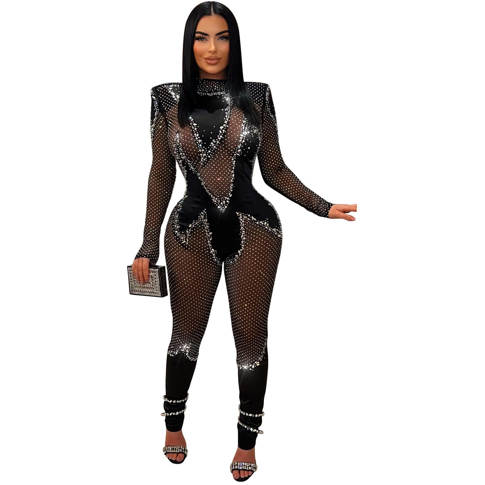 C6886 cross-border   fashion women's solid color mesh rhinestone long sleeve pants jumpsuit