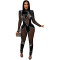 C6886 cross-border   fashion women's solid color mesh rhinestone long sleeve pants jumpsuit