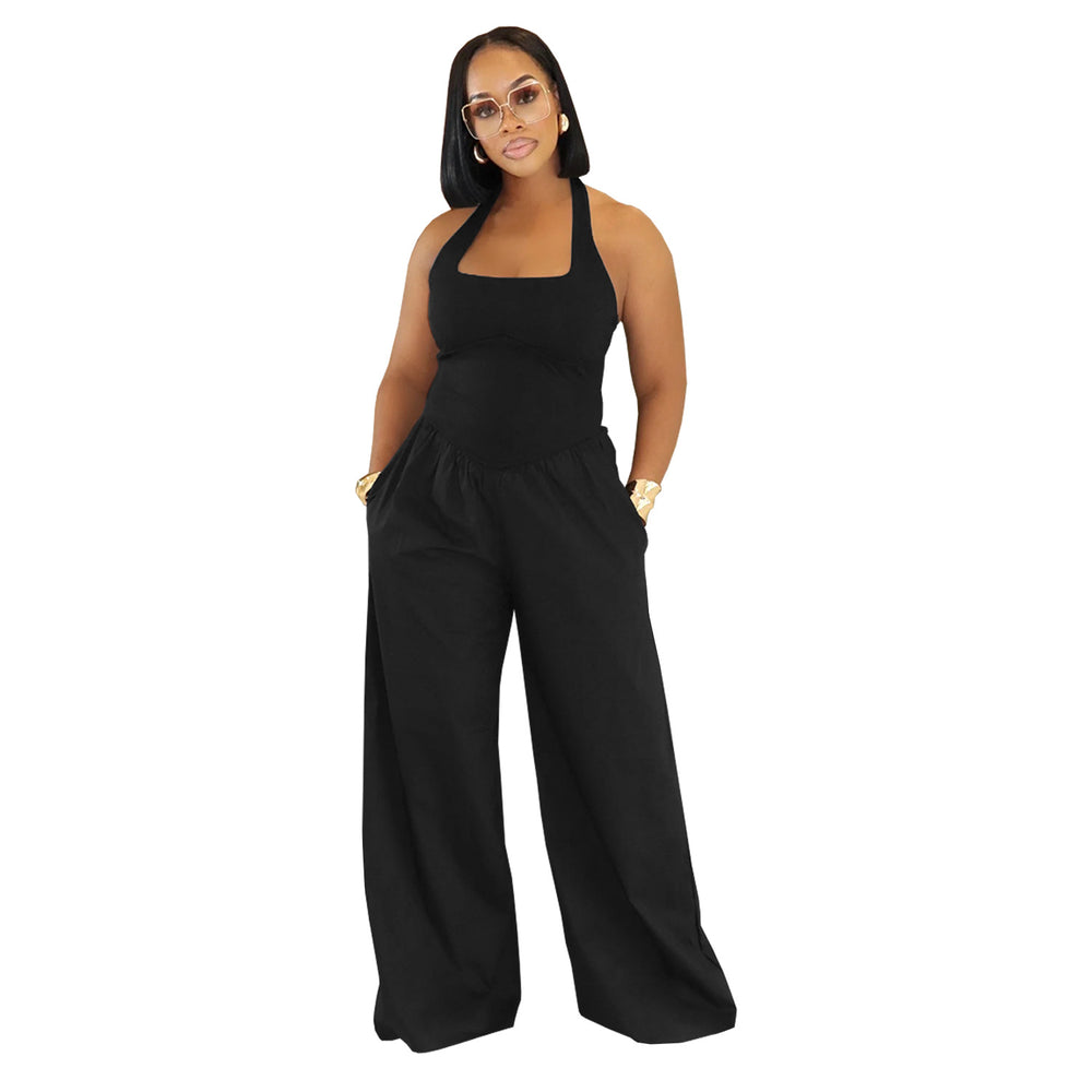 C7390 cross-border   fashion women's casual loose backless halter solid color jumpsuit