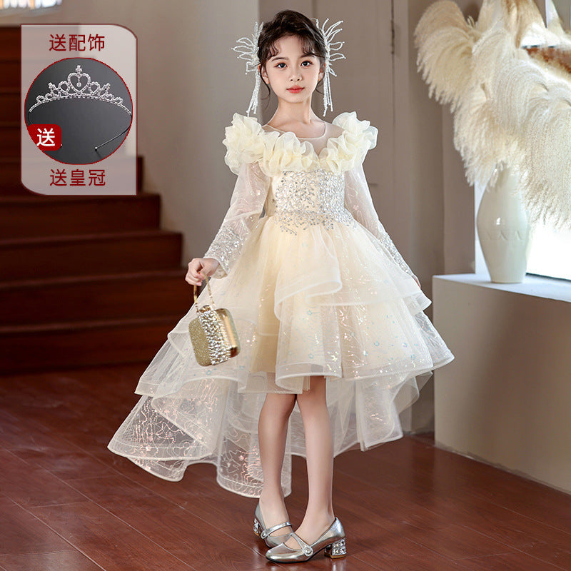 Girls' formal dresses with train, new  princess style, mesh, chic flower girl wedding dress, swallowtail skirt, wholesale ready stock, spring/autumn collection