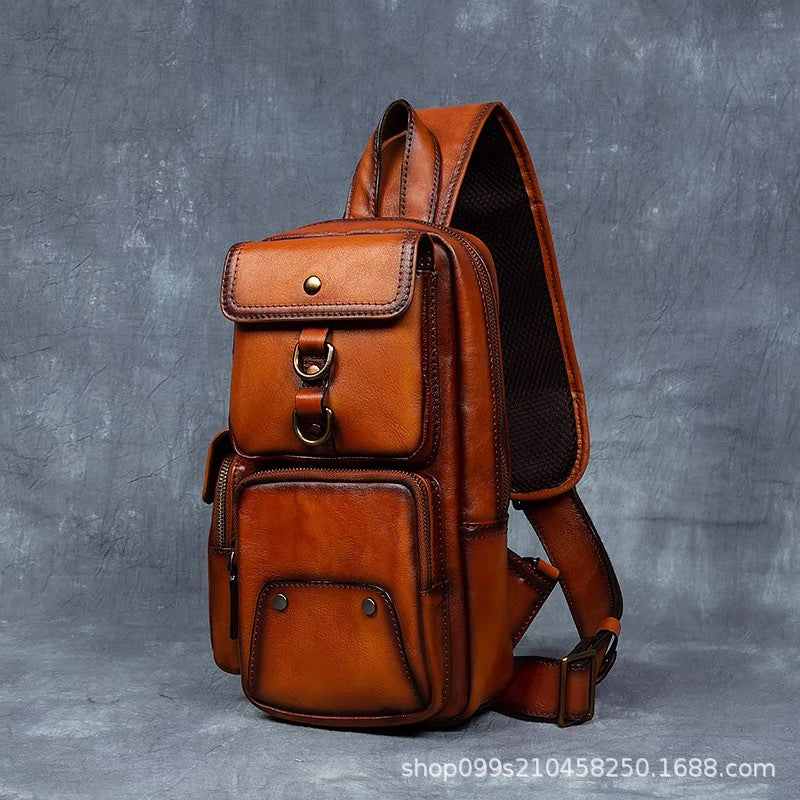 Retro handmade genuine leather chest bag casual crossbody bag first layer vegetable tanned cowhide multi-flap pocket pants shoulder bag men's travel trendy bag