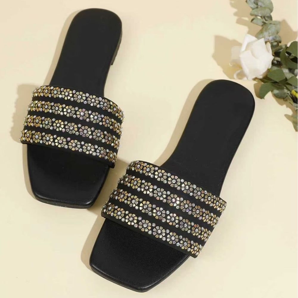2025 summer new rhinestone flat sandals women's outdoor square toe open toe flip-flops plus size casual slippers wholesale