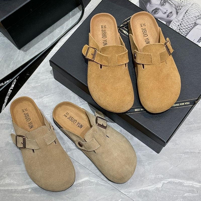 2024 new women's autumn/winter british style chunky sole birkenstock-style casual half slippers, trendy versatile durable closed-toe slippers wholesale