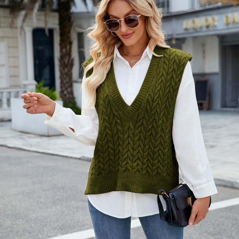Fashion cross-border export  independent station new arrivalvest retro twist pullover shirt v-neck sleeveless sweater for women