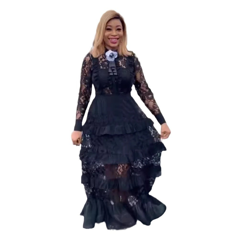 supply fashionlace shirt collar long sleeves fungus patchwork multi-layer cake long skirt matching brooch long skirt