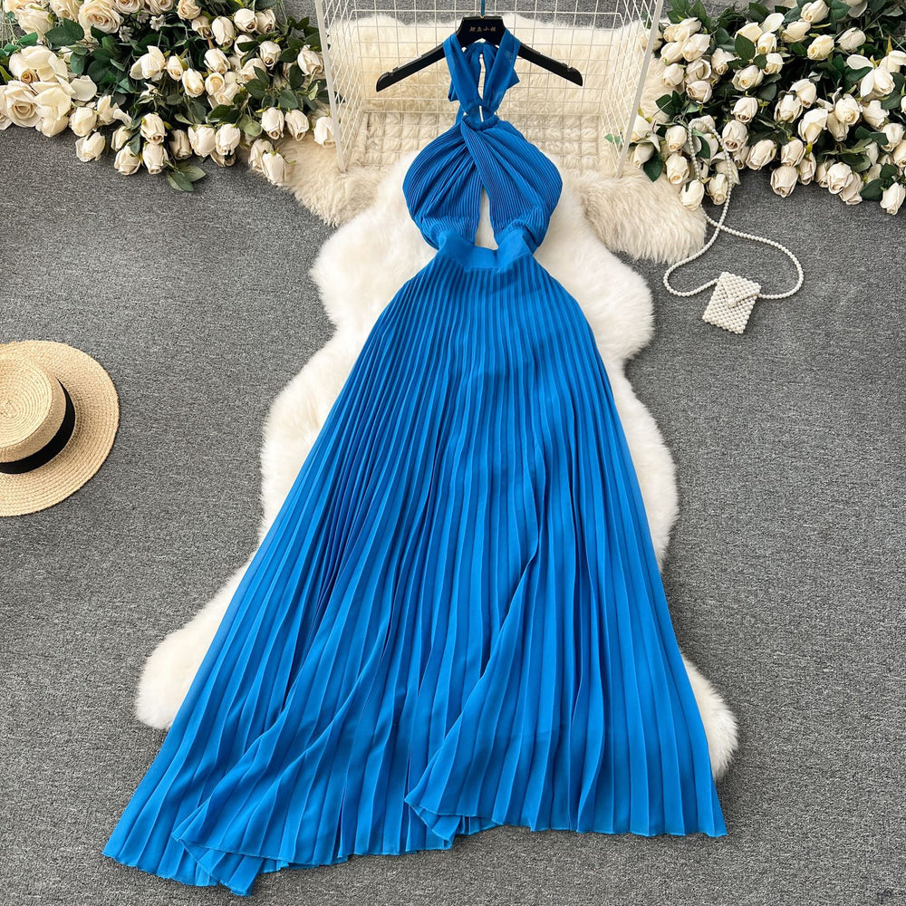 Sanya seaside vacation outfit sexy backless vest cut outhalterdress women's pleated longpleated skirt