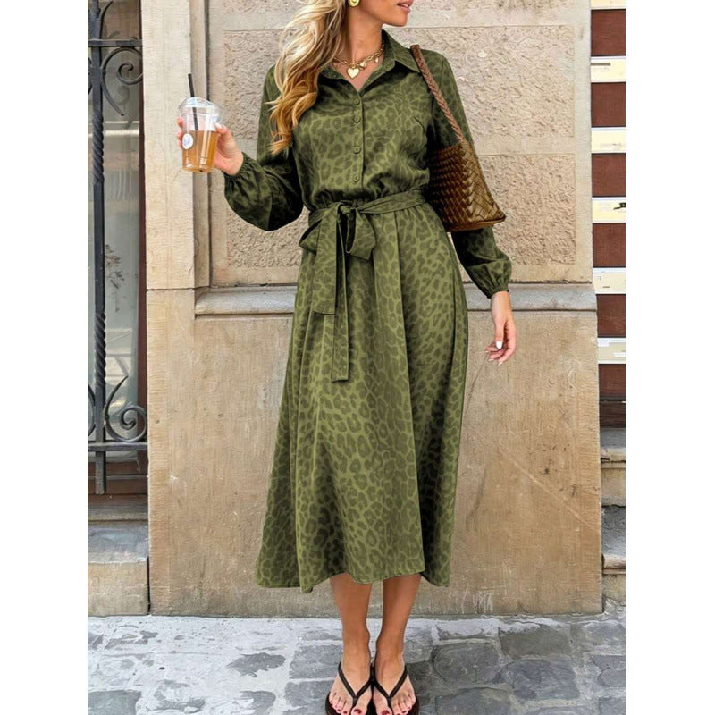 fashioneleganceautumtie back design lapel long sleeves button printing medium longdress women