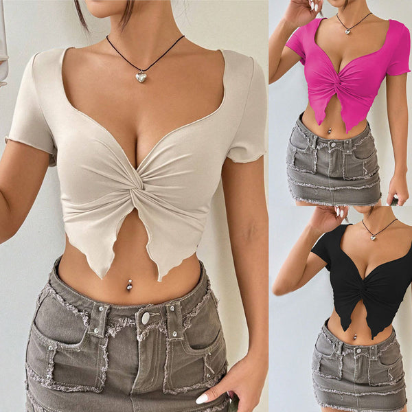 ins new 2024 European and American  fabrics Sexy Spice Girls Design Sense Chest Kink Folds Deep V Short Top