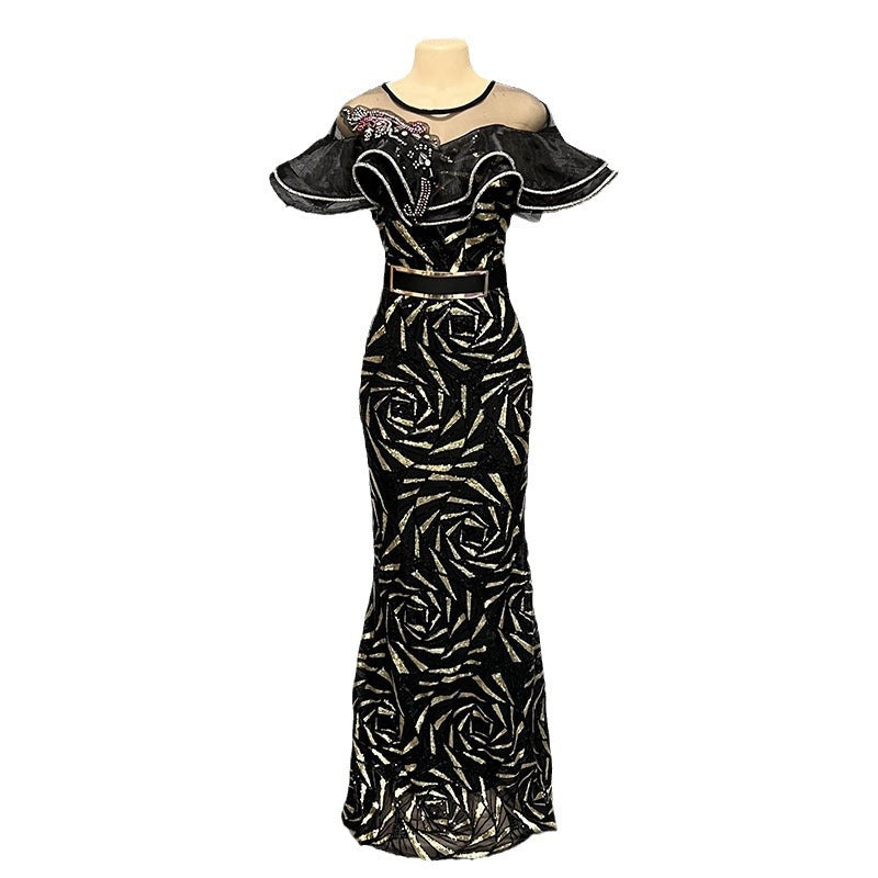 Rose sequin bodycon mermaid evening gown maxi dress off-the-shoulder ruffle luxury african european women's clothing