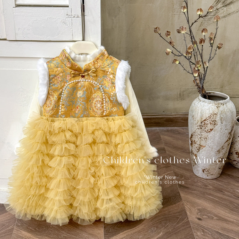 Girldress chinese style new year's greetings dress winter tang suit birthday dress fleece-lined tutu skirt princess dress