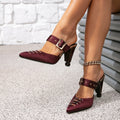 Amazon women's wine red high heel sandals square buckle decoration pointed toe special heel shoes sandals mules women's shoes