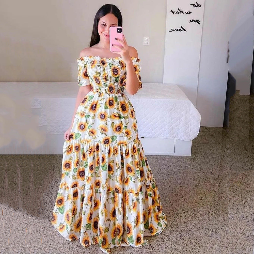 new spring/summer cross-border fashion: european and american style women's one-shoulder floral print maxi dress - off-the-shoulder fairy dress