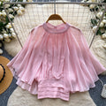 French gentle style pink stand collar waist cardigan women's summer k-style short sleeve elegant work clothingloosetops