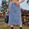 European and american cross-border e-commerce   new versatile slimming workwear washed denim midi skirt for women