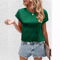summer new arrival: women's solid color casual top - batwing sleeve satin round neck faux silk blouse