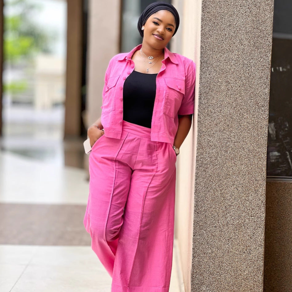 European and American new women's clothing temperament commuter solid color short-sleeved cardigan shirt wide-leg pants African fashion casual suit women