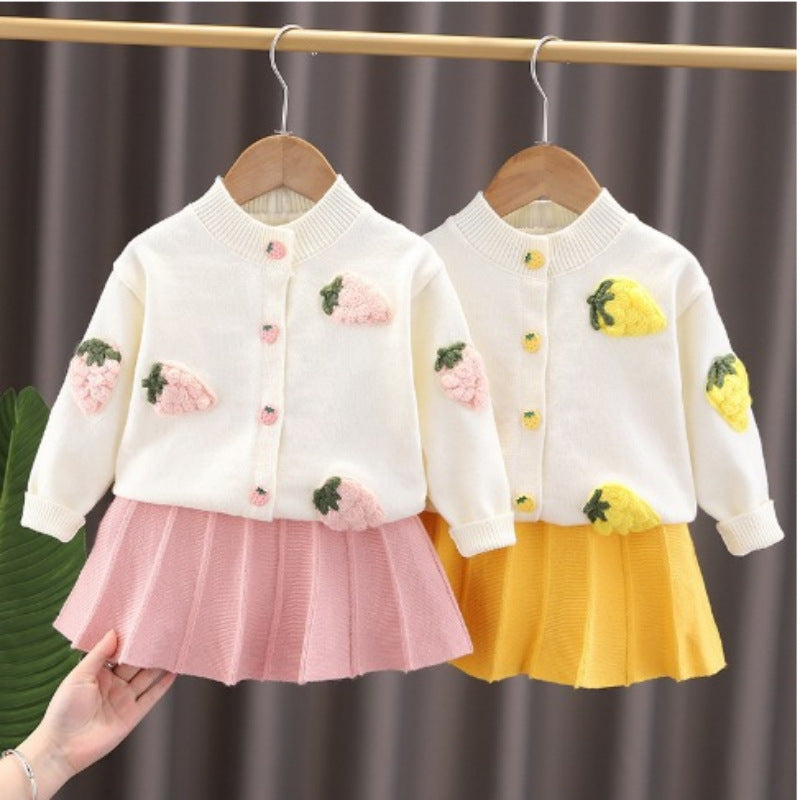 Kids' knitted sweater dress -  new girls' fruit & handmade flower set - baby fashion outfit top & skirt set