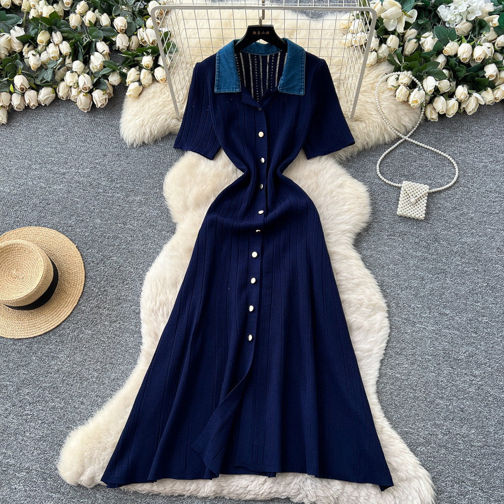 Frenchretrocontrast color lapel short sleeve metal button silmknittingdress women's spring waist slimming lookelegant skirt