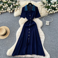 Frenchretrocontrast color lapel short sleeve metal button silmknittingdress women's spring waist slimming lookelegant skirt