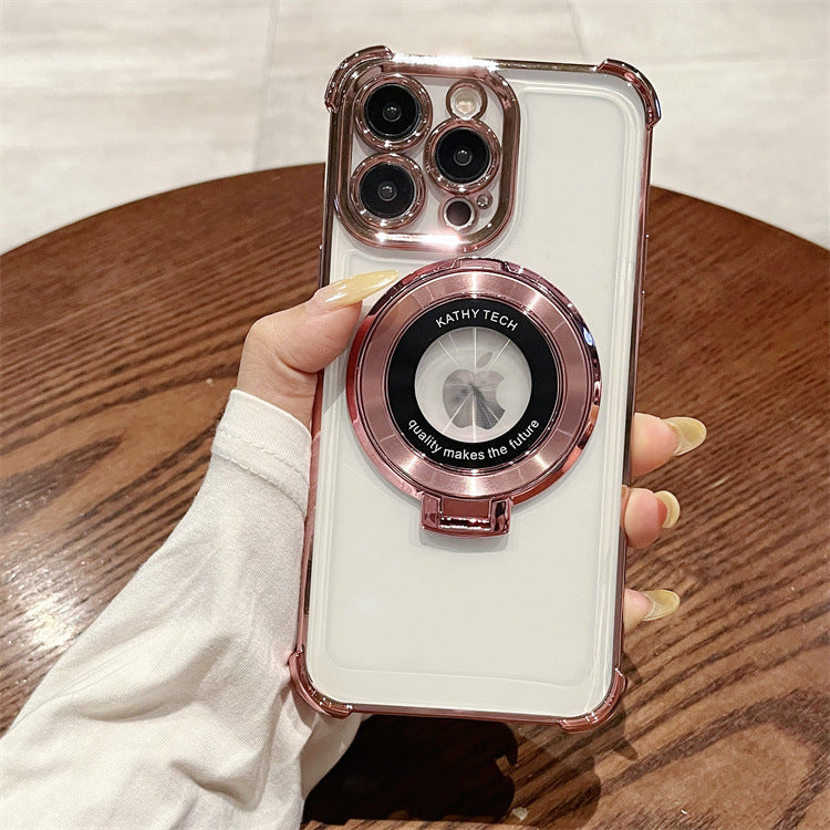 Four-corner anti-fall electroplating suitable for apple 16pro ring holder mobile phone case iphonexr/12 transparent protective cover