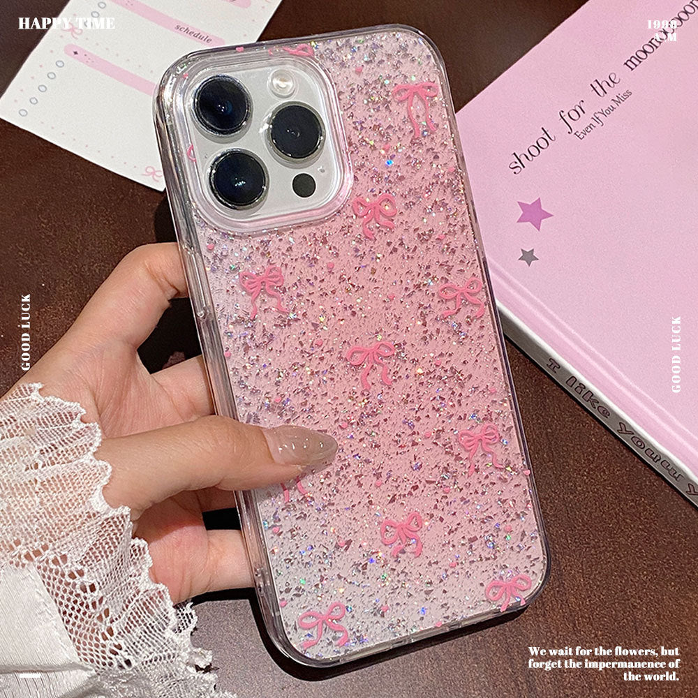 Center pink bow glue glitter suitable for iphone17promax mobile phone case apple 16 anti-fall protective cover