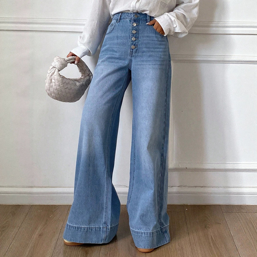 Fashionjeans women's multi-breasted high waist wide leg pants blue washed drapedloosemop denim pants